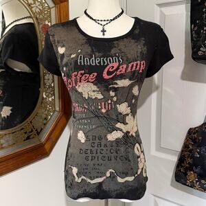 VTG Y2K Susan Lawrence Washed Black, Brown & Red Rhinestone Graphic Tee Shirt